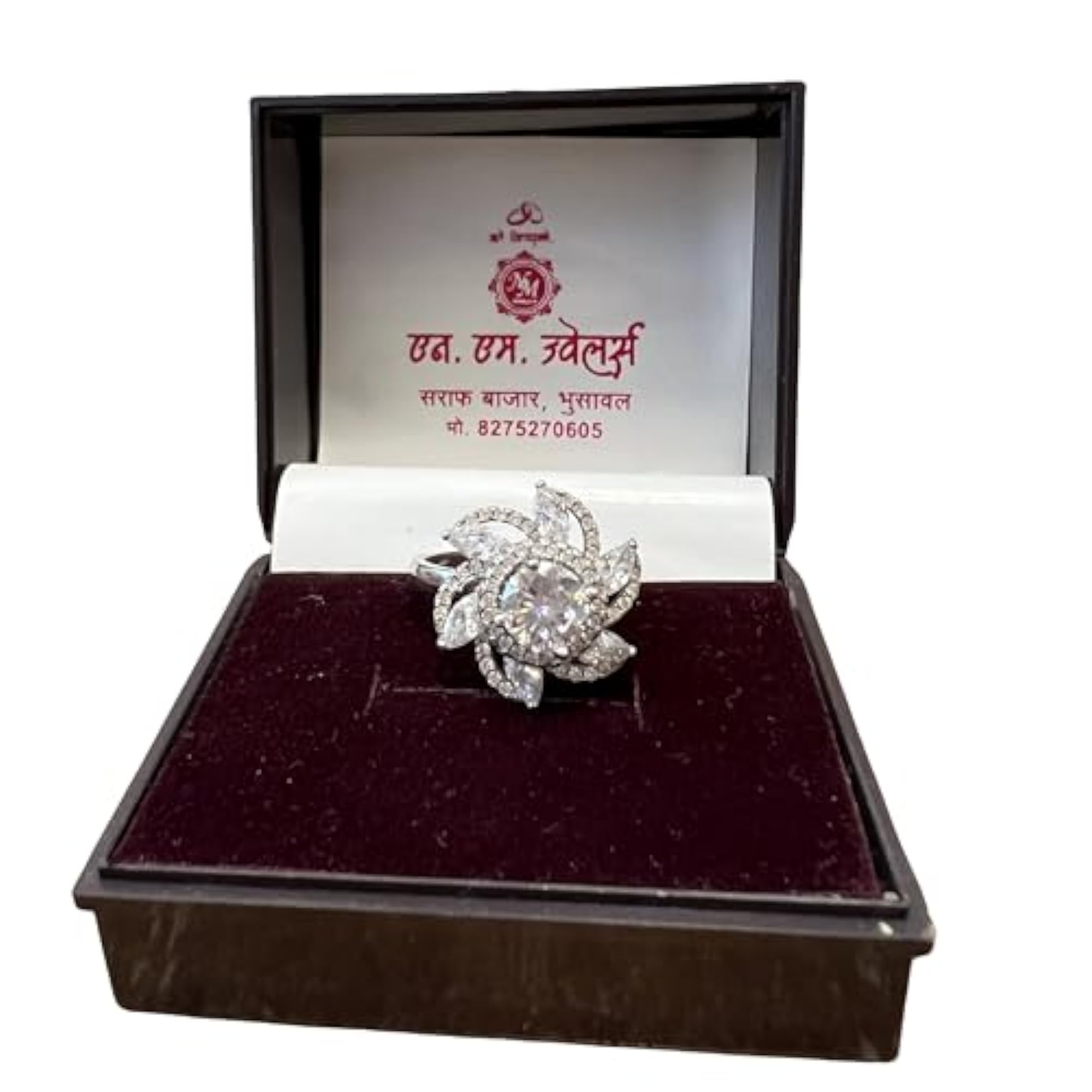 Women's Elegant Silver Floral Cubic Zirconia Adjustable Statement Ring