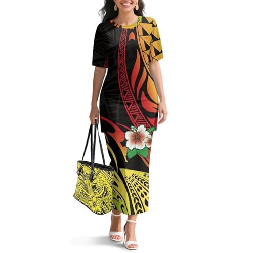 Image of Puletasi Samoan Traditional 2 Piece Outfits for Women Short Sleeve Crop Top and Maxi Skirt Sets Puletasi Dress