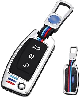 RYE Zinc Alloy Shell with Silicone Inner Sleeve Car Key Fob Cover Cases for Ford Fiesta/Focus/Galaxy/Fusion/Mondeo/Kuga,with Keychain-Silver