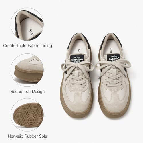 BEAU TODAY Womens Platform Retro Sneakers, Fashion Sneakers for Women, Casual Suede Leather Sneakers, Comfortable Lace Up Non-Slip Walking Tennis Trainer Shoes3