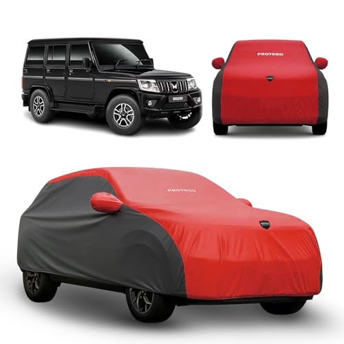 Image of PROTEGO Prime Series India's 1st Anti-Tear Car Cover for Mahindra Bolero | Heavy-Duty, Custom Fit, All Weather Protection | 100% Waterproof, Windproof & Hail Resistant | 2-Year Warranty | Red + Black