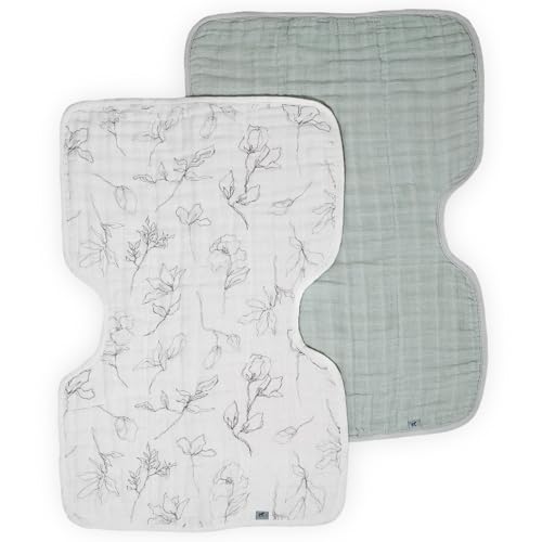 Little Unicorn 100% Natural Organic Cotton Burp Cloth 2 Pack | Ultra-Absorbent & Soft Muslin Fabric | Larger Size & Ergonomic Design (Pencil Floral + White Sage)