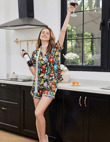 Image of Ekouaer Womens Silk Pajama Sets Button Up Satin Pjs Short Sleeve 2 Piece Pj Sets Cute Lounge Sets with Chest Pocket