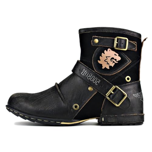 OSSTONE Moto Boots for Men Fashion Zipper-up Leather Chukka Boots Casual Shoes 5008-1-D2,Retro Black,size US7