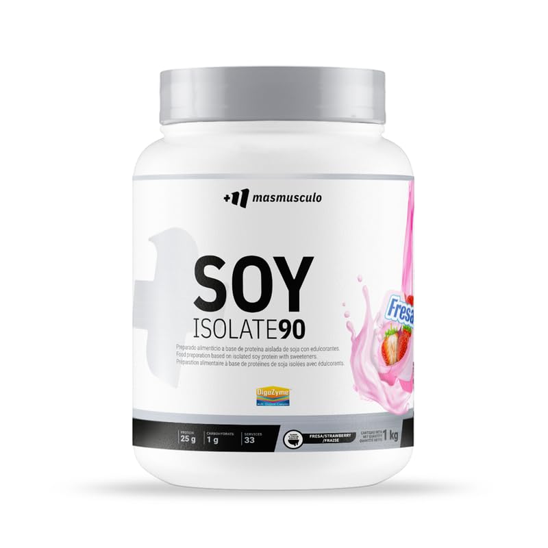 MASmusculo   SOY Isolate 90 1 Kg   Proteína Aislada de Soja   Bajo en Grasas y Azúcares   Ayuda a Aumentar Masa Muscular   con Complejo de Enzimas Digestivas   Vegano y sin Lactosa   Sabor Fresa