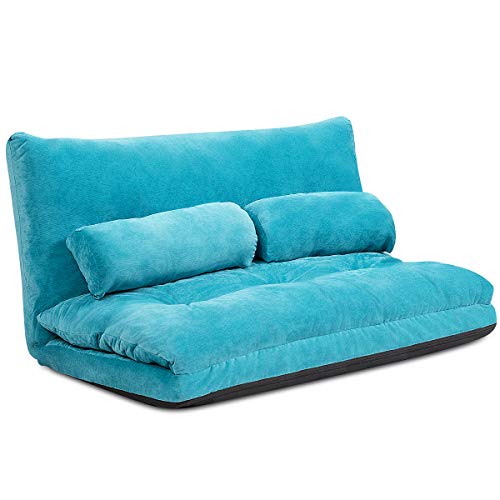 COSTWAY Klappbares Bodensofa, 3 in 1 Schlafsofa mit Schlaffunktion und Verstellbarer Rückenlehne, Sofabett mit 2 Lendenkissen, Klappsofa für Wohnzimmer & Schlafzimmer (Blau)