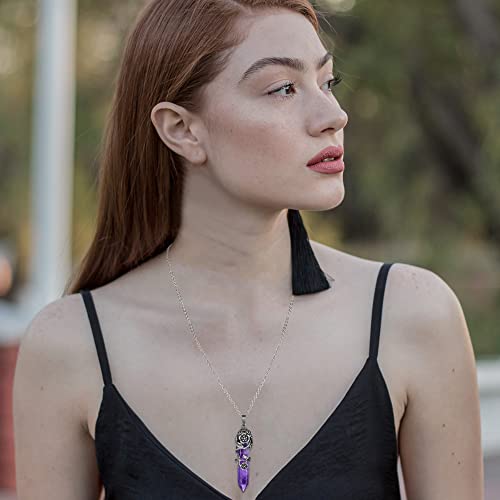 Top Plaza Antique Silver Flower Wrapped Natural Amethyst Healing Crystal Necklace #TOP2