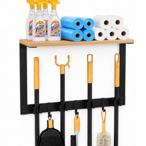 Broom Holder Wall Mount, Broom and Mop Organizer Wall Hanging with Solid Wood Frame,Organizer Rack Built with 4 Grippers & 3 Hooks; Broom Hanger Wall Mount for Laundry Room, Garages and Storage Room