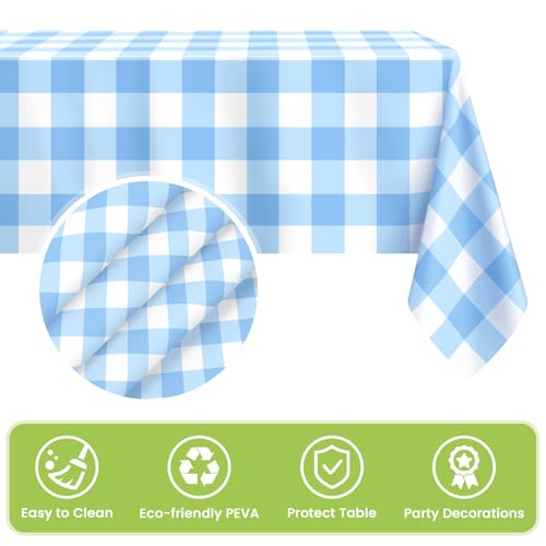 Image of Mulbozy 4 Pcs Light Blue Checkered Tablecloth 54 x108 Inches Rectangle Blue Gingham Tablecloth Disposable Plastic Waterproof Table Cover for Outdoor Picnic, Kitchen, Holiday Birthday Party