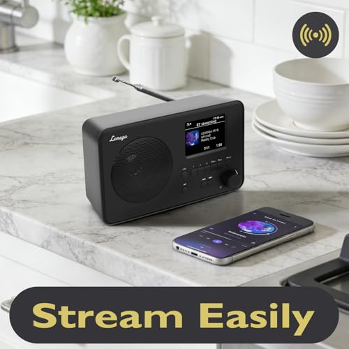 Image of LeMega IR1S Internet Radio, Podcasts, Bluetooth, FM, Black | Alarm clock, full colour display, mains or AA battery, compact kitchen radio, snooze, sleep timer, 150 unified presets