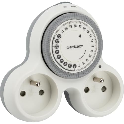 Zenitech - Bolea - Biplite programmabile 2x16A con Timer Meccanico 15 Min - Potenza 3680W - Presa permanente e programmabile - Indicatore LED - Spine Orientate - Bianco