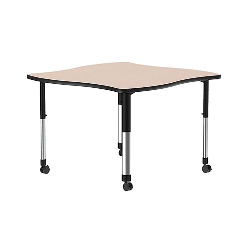 Correll Mesa de aula colaborativa de 42 x 42 pulgadas altura ajustable 25 a 35 con forma de swerve Savannah Sand HPL banda de borde negro ruedas