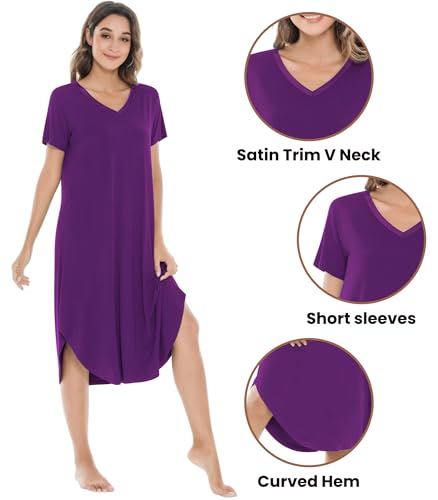 Image of NACHILA Nightgowns for Women-Viscose Made from Bamboo, V Neck Sleepshirts Short Sleeve Sleepwear Cool Nightshirt