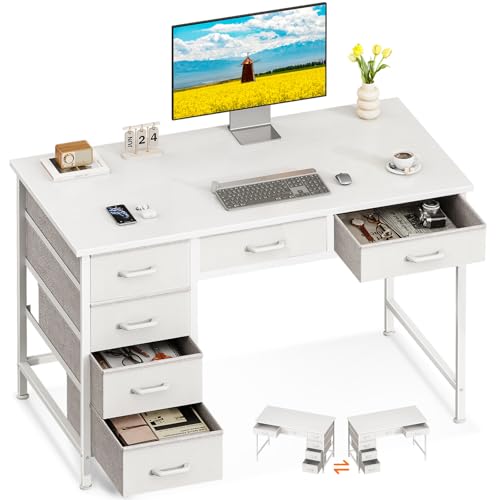 ODK Computer Desk with 6 Drawers, 40 Inch Small Desk with Storage, Reversible Desk for Home Office, Work Study Table for Bedroom, White