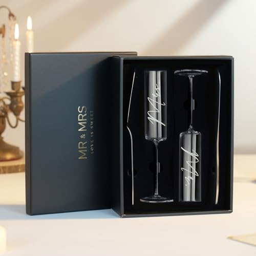 Image of AW BRIDAL 4Pcs Mr and Mrs Champagne Flutes with Silver Wedding Cake Knife