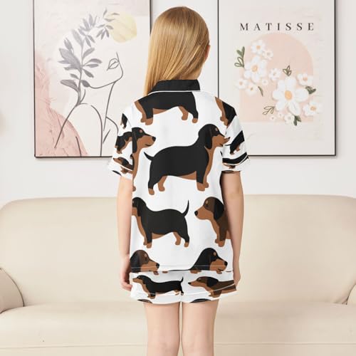 Satin Pajama Sets Short Sleeve Dachshund Pattern Print on White Button Down Silky Nightwear 2 Piece PJS 5-14Y4