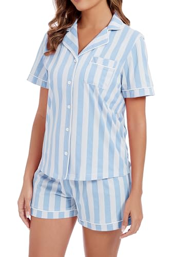 Image of LUBOT 100% Cotton Pajamas for Women 2 Piece PJ Set Button-Down Soft Knit Short Sleeve Summer Sleepwear Loungewear XS-XXL