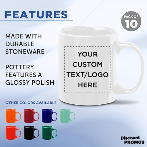 Custom Ceramic Coffee Mugs 11 oz. Set of 10, Personalized Bulk Pack - Coffee cup set, Iced coffee cup, Gaming mug - Creamy White