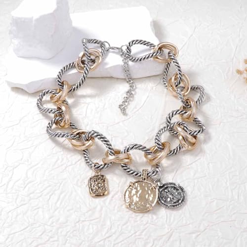 Doubnine Two-Tone Chain Link Necklace, Silver Rope and Gold Accents, Pendant Charm Choker4