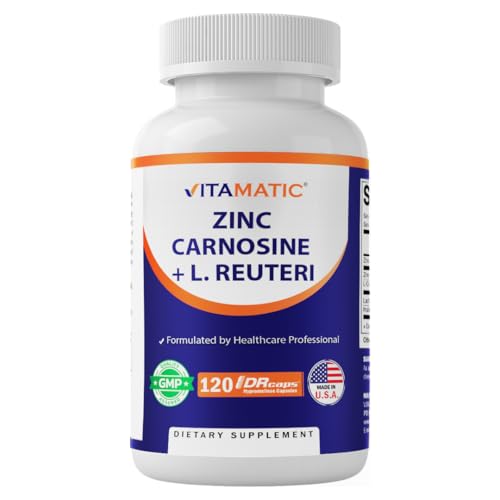 Vitamatic Zinc Carnosine with L. Reuteri 10 Billion CFU & Prebiotic Inulin 264 mg Digestive & Gut Health Support* - GI Tract Supplement 120 Delayed-Release Capsules