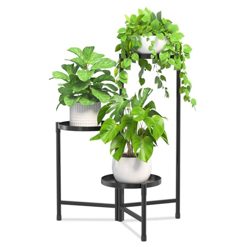 Image of iDavosic.ly 3 Tier Large Plant Stand Indoor with 10 Inch Wide Tray, Tiered Corner Metal Outdoor Flower Display Holder Shelf, Folding Tall Rack for Patio Porch Living Room, Modern Black