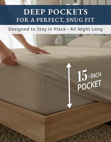 Image of LANE LINEN Queen Deep Pocket Sheet Set 100% Egyptian Cotton Sateen - Taupe | Queen Size Sheets Deep Pocket - 4-Piece Set, 16 inch Deep-Pocket Snug Fit, 1000 Thread Count, Styles A Master Bedroom