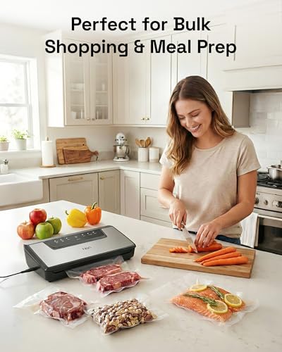 Image of HBN Food Vacuum Sealer Machine, 80kPa Automatic Vacuum Sealer for Dry & Moist Food, Hands-Free Lid, Stainless Steel, Built-in Cutter & Bag Storage, Includes 1 Roll & 20 Bags