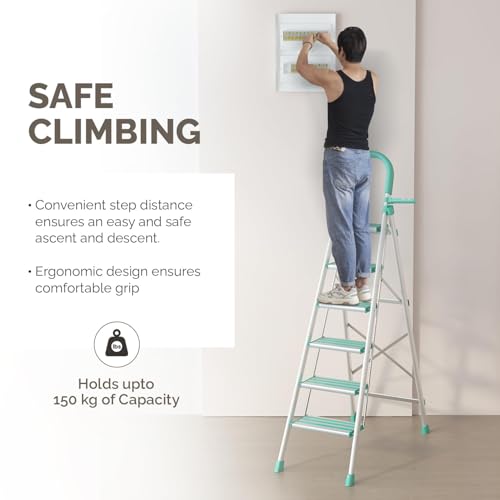 Image of Heavy Duty Steel Folding Ladder Steps with 7 Year Warranty* Foldable Stairs | Anti-Slip Step Ladder | Compact Folding for Home | Sturdy Stairs for Home Use & Storage (Aluminium Step 5)
