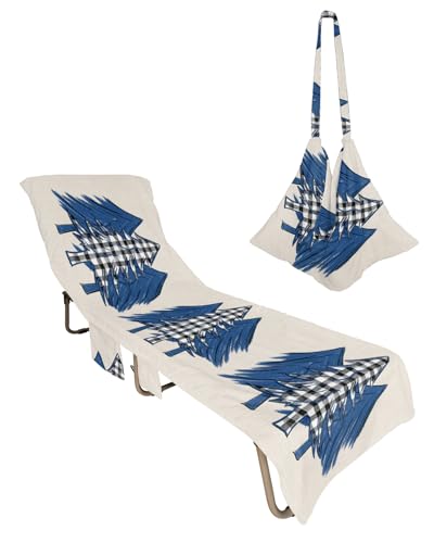 Blue Christmas Tree Beach Lounge Chair Towel Cover, Soft Chaise Lounge Towel with Side Pockets Patio Pool Chairs Cover for Beach/Pool Sunbathing 29x85 Black White Plaid Xmas Tree Snowflake