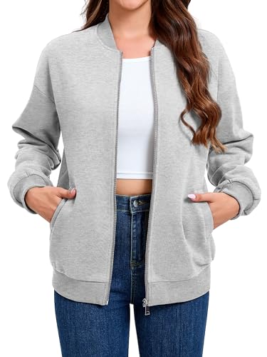 Timuspo Bomberjacke Damen Leicht Strickjacke Baumwolle Pullover mit Reissverschluss Praktische Trainingsjacke Herbst Winter Oberteile Grau XL