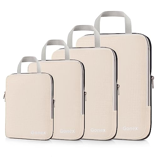 Compression Packing Cubes Kledingtassen, 4-delige set, vierkant, kofferorganizer, Beige (set van 4)