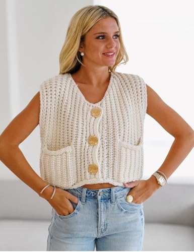 Arssm Women Button Down Sweater Vest Sleeveless Crop Knit Cardigan Cropped Knitted Sweater Vest with Pockets3