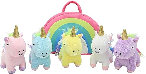 JDS Toy Store Handcrafted Plush Rainbow Unicorn Stuffed Animal Set with Plush Rainbow - White, Blue, Yellow, Pink, Purple