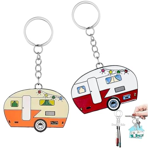 TrustBlai Double-Sided RV Camper Keychain 2 Pack Retro Travel Trailer Metal Key Ring for Women Men Durable Camping Gear Accessories for Backpack Purse Cute Couples Gift Set