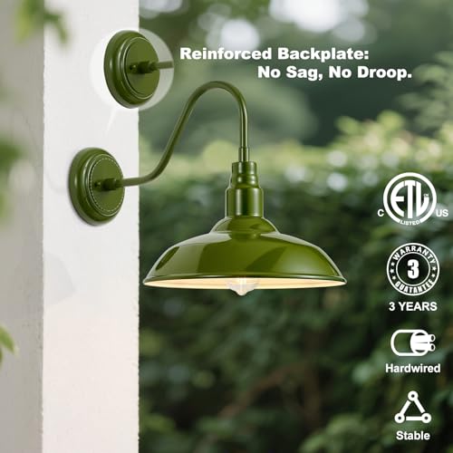 Image of 14 Inch Dome Outdoor Gooseneck Barn Lights Olive Green Farmhouse Exterior Wall Lights for Porch, 2Pack Patio Barn Style Wall Mount Gooseneck Lighting for House, Garage