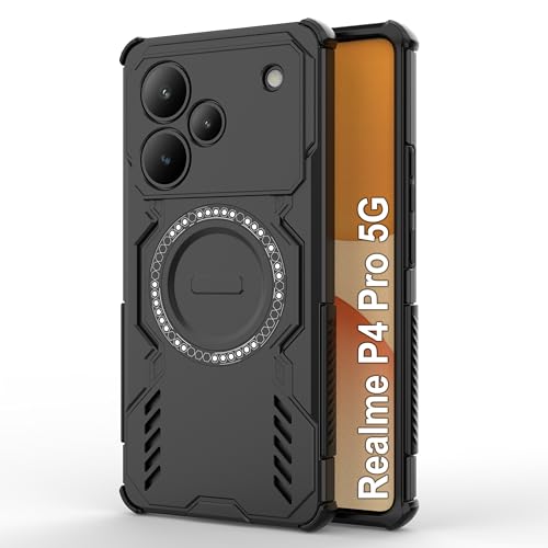 Image of amazon basics Back Case Cover for Realme P4 Pro 5G | Magnetic Case with Built-in Metal Ring | Supports MagSafe Charger, Wallet & Car Mount | Shockproof Hybrid PC + TPU | Black