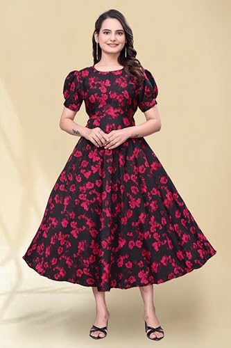 Image of Women's A-Line Crepe Maxi Dress | Stylish Fit and Flare Dress with Round Neck Short Puff Sleeves for Casual Wear
