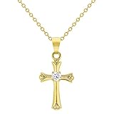 Gold Plated Clear Cubic Zirconia Small Cross Pendant Necklace for Young Girls and Kids 16