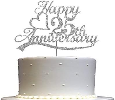 25th Anniversary Cake Topper Silver Glitter, 25 Wedding Anniversary Party Decoration Ideas, Premium Quality, Sturdy Doubled Sided Glitter, Acrylic Stick. Made in USA (25th Silver)