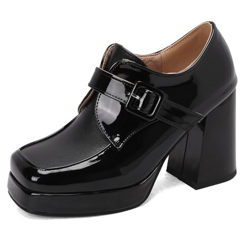 Gicoiz Women Stylish Square Toe Block High Heels Platform Pumps
