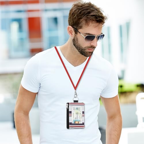Image of Minimalist RFID Wallet with Lanyard, Multi-functional ID Case with 2 Zipper Pockets and Key Chain for Men and Women, Tactical Badge Pouch Cards Holder, Coin Purse for Travel Sports - Two-Tone