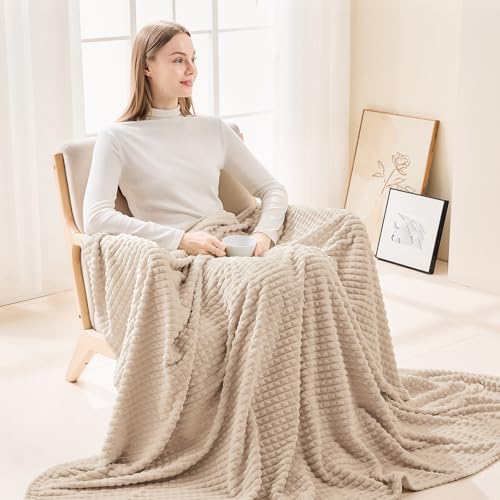 Image of EMME Fleece Blanket, 3D Jacquard Throw Blanket for Couch and Bed, Soft Cozy and Fluffy Blankets Lightweight Luxury Flannel with Geometric Grid Design (Beige, 108 inch x 90 inch)