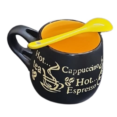 Image of HiTechMart Ceramic Coffee Mug with Spoon - Stylish Black & Yellow Cup for Tea, Cappuccino, Espresso - Embossed Design, Unique Gift for Coffee Lovers Colour May Vary
