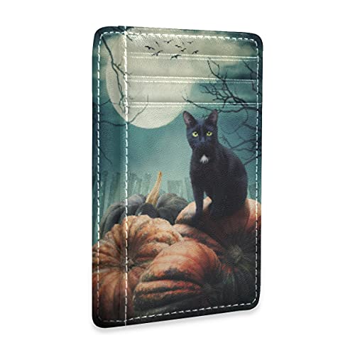 susiyo Halloween Black Cat On Pumpkin Slim Minimalist Wallets Rfid Blocking Card Wallets PU Leather Front Pocket Wallets for Men and Women