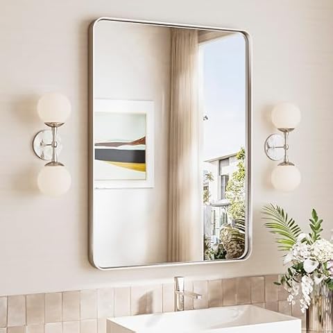 TokeShimi 24x32 Brushed Nickel Bathroom Mirror,Bathroom Vanity Mirror with Tempered Glass,Shatterproof Vanity Wall Mirror for Bathroom with Aluminum Frame(Horizontal/Vertical) Cover