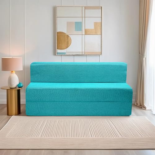 Image of Amazon Brand - Solimo 3 Seater 5 * 6 Jute Fabric Washable Cover Sofa Cum Bed 3 Seater Double Foam Fold Out Sofa Cum Bed (Finish Color - Sky Blue Delivery Condition - Pre-Assembled)