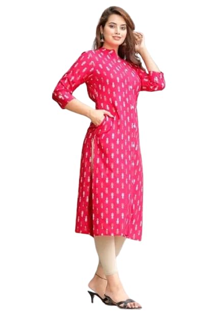 Image of Women's Printed Straight Kurti, 3 /4 Sleeves, Button-Down Front, Side Slits with Pockets
