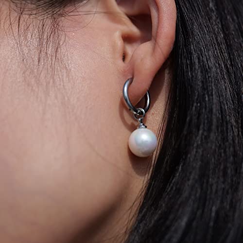 Limerencia Hypoallergenic Pure Titanium Post Lightweight Dangle Huggie Earrings For Women | Vertical Bar, Cross, Moon, Lightning | Dainty Earrings (10Mm, Pearl) #TOP4