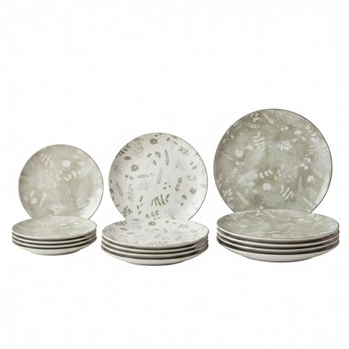 SANTA CLARA | Vajilla Completa 12 Piezas Cerámica Stoneware para 4 Personas, Apta Microondas y Lavavajillas, Vajilla Fiorella Decorada Verde con Motivo Floral para Hogar y Cocina