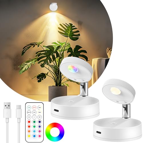 2 Pack Rechargeable LED Spotlight for Indoor, Wireless RGB Spot Light with Remote, Magnetic Picture Battery Operated Lamp, Ceiling Uplight Puck Lights with Rotatable Head for Plant Portrait Artwork